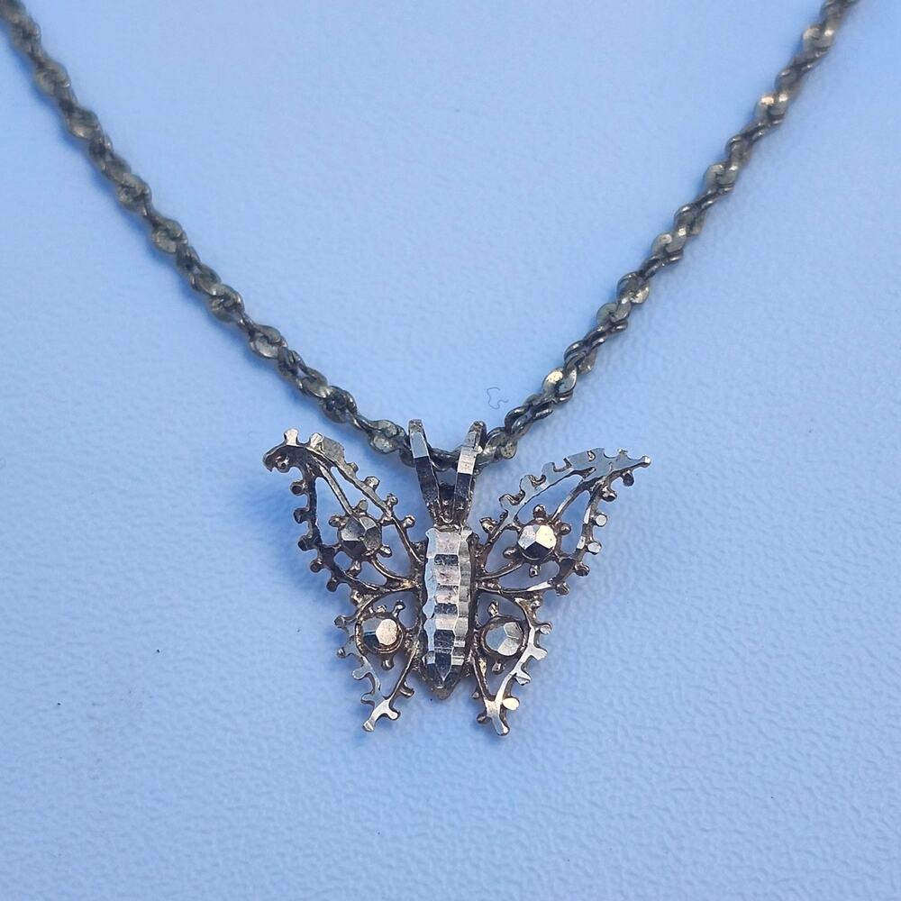 Vintage Monet Butterfly Pendant Necklace Rhinestone Gold Tone Openwork Signed